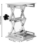 Stainless steel lab jack scissor stand with a 4x4 in platform, expandable height 50–150 mm, black hand wheel.