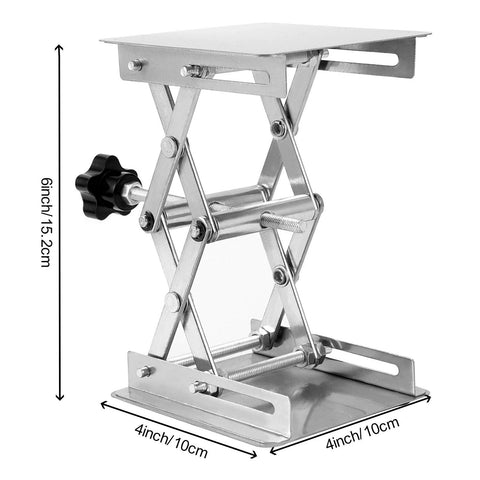 Stainless steel lab jack scissor stand with a 4x4 in platform, expandable height 50–150 mm, black hand wheel.