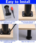 Heavy Duty Adjustable Furniture Legs installation steps, showing black steel leg, screws, and wood surface for stability.