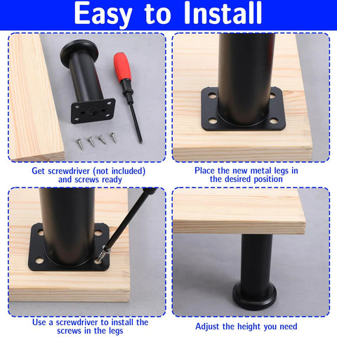 Heavy Duty Adjustable Furniture Legs installation steps, showing black steel leg, screws, and wood surface for stability.