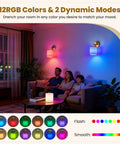 Zero Drilling Required, Battery Operated Wall Sconces Set Of Two With Remote, Brushed Gold Wireless Hanging Lamps illuminating a cozy living room with 12 RGB colors.