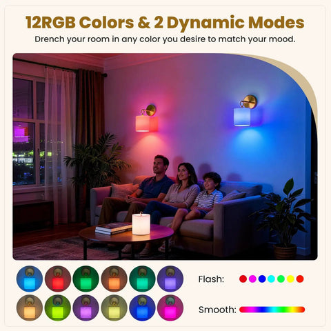 Zero Drilling Required, Battery Operated Wall Sconces Set Of Two With Remote, Brushed Gold Wireless Hanging Lamps illuminating a cozy living room with 12 RGB colors.