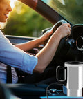 Driver using 12V Car Heated Travel Cup Insulated Stainless Steel Thermos Mug 450ml Portable Water Heater For Heating Water Coffee Tea Milk On The Go Auto Cup Warmer
