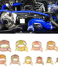 Fabater Heavy Duty 100Pcs Spring Hose Clamps Kit Assortment Zinc Plated Carbon Steel Flexible Sealing For Fuel Water Oil Steam Pipes Automotive Repair And DIY Jobs spring hose clamps on blue engine hoses, assorted sizes