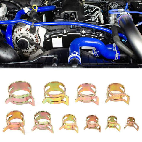 Fabater Heavy Duty 100Pcs Spring Hose Clamps Kit Assortment Zinc Plated Carbon Steel Flexible Sealing For Fuel Water Oil Steam Pipes Automotive Repair And DIY Jobs spring hose clamps on blue engine hoses, assorted sizes