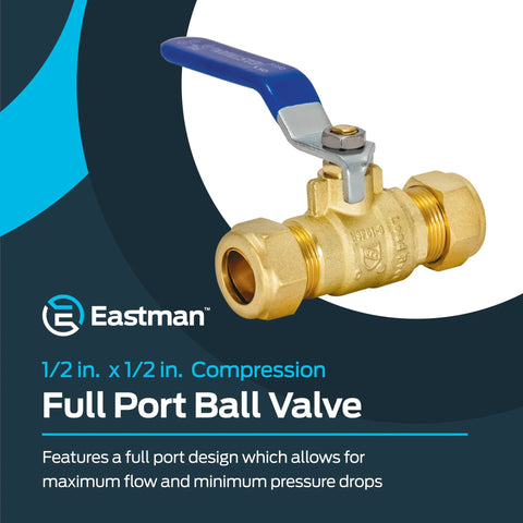 Eastman 1/2 in compression full-port brass ball valve with blue lever handle, side view