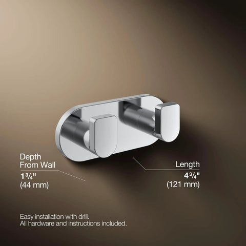 Composed Double Robe Hook In Polished Chrome Finish, Ultra Durable Bathroom Accessory With Two Hooks To Secure Towels And Robes dimensions