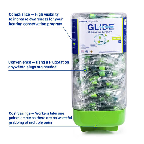Glide Soothers Earplug Dispenser Corded Foam Twist Push In Moisturized Earplugs NRR 31dB 6886 in clear container