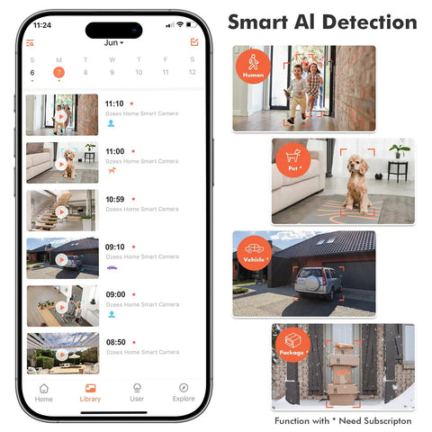 Smart AI detection on phone screen with human, pet, vehicle, package alerts from Outdoor Wireless Security Camera System With Spotlight And Siren.