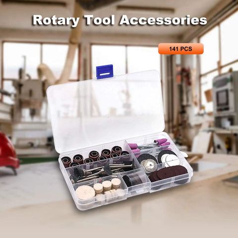141-Piece Rotary Tool Accessories Kit With 1/8-Inch Shank Universal Fitment displayed open in workshop