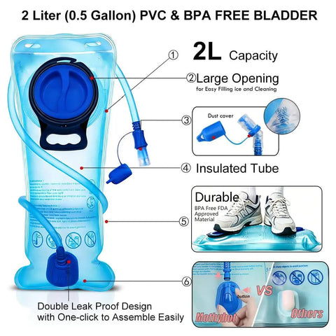 Transparent Purple 20L Hydration Backpack With 2L BPA Free Bladder, featuring leak-proof design and durable material.