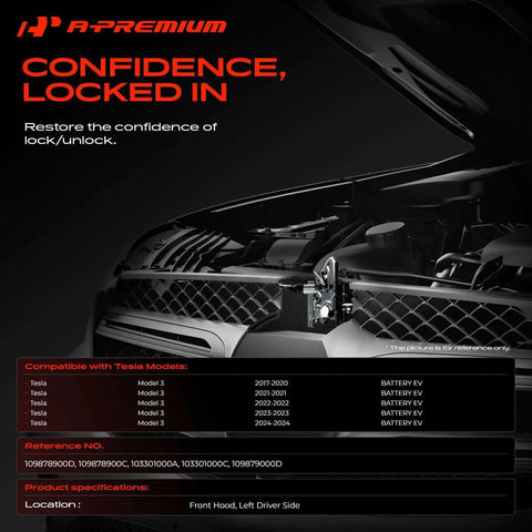 Front Driver Side Hood And Trunk Lock Actuator No Fuss Bolt Up Swap Compatible With Tesla Model 3 Electric Sedan close-up view of actuator installation.