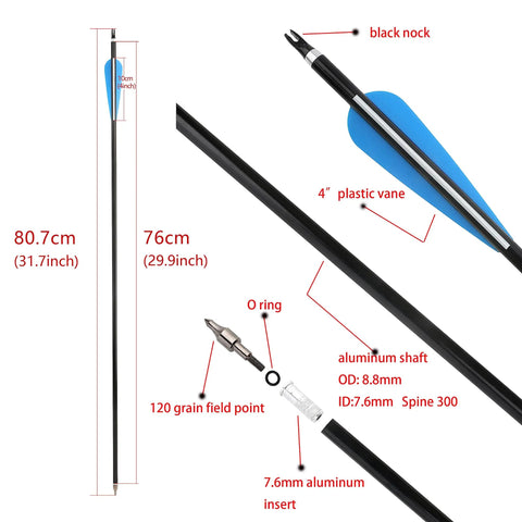 Diagram of 12 Pack 30 Inch Archery Aluminum Arrows With Spine 300 For Target Practice and Hunting Field Points and components.