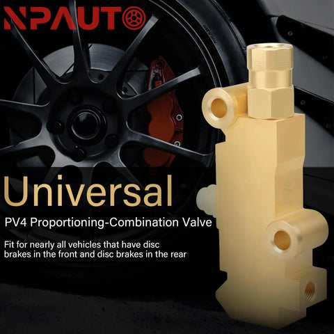 Drop Dead Cool Brass Brake Proportioning Valve Disc Front And Disc Rear Brakes Universal Fit, showcasing a brass component beside a black wheel.