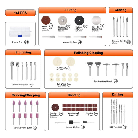 141-Piece Rotary Tool Accessories Kit With 1/8-Inch Shank Universal Fitment showing cutting, carving, and sanding bits