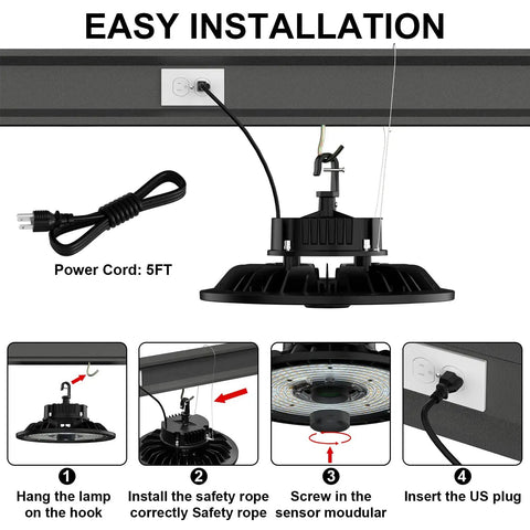 High Bay LED Light 150W With Motion Sensor 5000K Daylight Remote 3 Modes 21000LM Killer Brightness Install Steps
