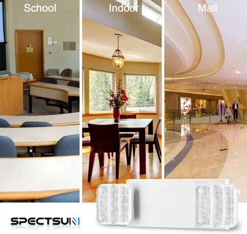 12 Pack Commercial LED Emergency Light With Dual Heads Hardwired Battery Backup For Power Outages in school, indoor dining, and mall settings.