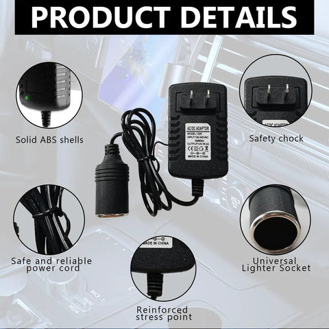 Tailgate Ready AC To DC Converter With Standard Cigarette Lighter Socket Portable 12 Volt Power Adapter for tire pumps and mini coolers, showing details.