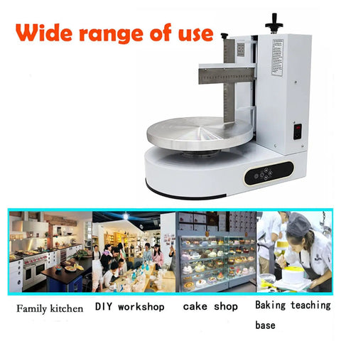 Smooth As Butter Automatic Cake Icing Smoother and No Fuss Cream Spreading Machine with Adjustable Stainless Steel Blades for Flawless Four To Fourteen Inch Frosting in diverse kitchen settings.
