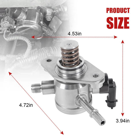 EP1028 Beefed Up High Pressure Fuel Pump Replacement For 2.4L L4 Engines with bolts and gasket, showing dimensions and design features.