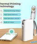 Pocket Sized Bluetooth Label Maker With Tape P21 Wireless Printer next to smartphone app display, compact white device