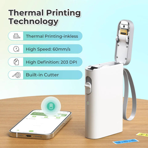 Pocket Sized Bluetooth Label Maker With Tape P21 Wireless Printer next to smartphone app display, compact white device