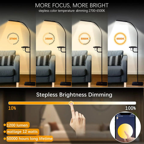 Smart LED Floor Lamp With Wireless Charger, 12W Dimmable Standing Lamp Stepless 2700-6500K Color Temperature, 1200 Lumens, remote control