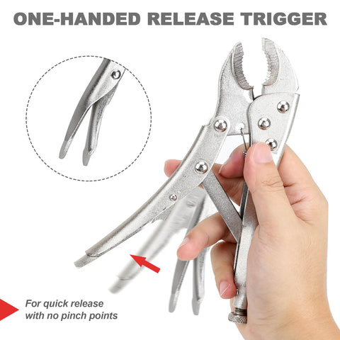Heavy Duty Locking Pliers Set With Curved And Straight Jaws Includes Five Inch Seven Inch Ten Inch And Six And A Half Inch Pliers Built In Wire Cutter All Steel Forged Construction And Adjustable Grip For Slippage Free Hold shown in hand demonstrating one-handed trigger release