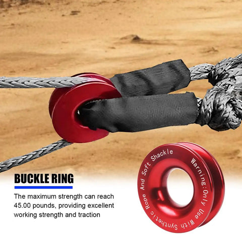 3.85 Inch Winch Recovery Ring Beefy 66000 Lb Break Rating Aluminum Snatch Ring Red For Off Road Recovery, Vehicle Rescue, Heavy Duty Gear Built For Extreme Terrain, red ring with soft shackles on winch line