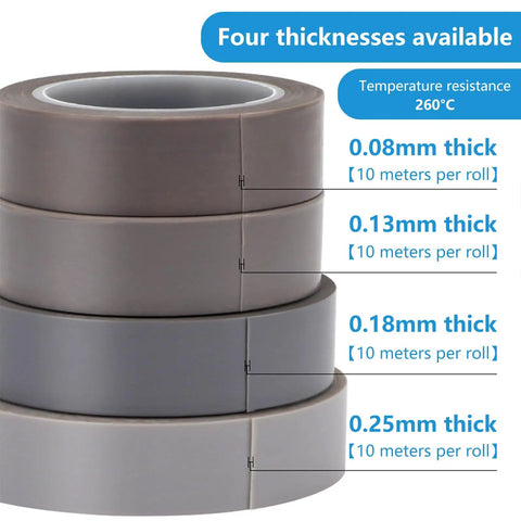 DATMXXD High Temp PTFE Tape Rolls Super Strong Adhesive Sublimation Heat Press Masking For Silicone And Wood No Residue Easy Peel, four thicknesses displayed.
