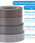 Heavy Duty 10m PTFE Coated Fiberglass Tape For Heat Press Sublimation Non Marking Adhesive in four thicknesses displayed.