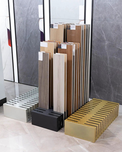Heavy Duty Tile Display Stand With 28 Deep Sample Slots Built Like A Tank For Flooring Contractors Showroom Ready Gold Steel Rack displaying various tile samples.