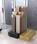 Top Shelf Compact Tile Sample Display Rack Loaded With 28 Deep Slots For Holding Building Materials And Ceramic Tiles Heavy Duty Gold Metal Stand Built Tough For Pros, showcasing multiple tile samples and sturdy base.