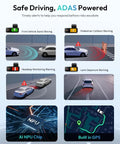 Illustration of ADAS features in 4K Front And Rear Dash Cam With 170 Degree Ultra Wide View, showing safety alerts and GPS screen.
