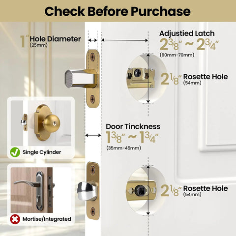 Antique Brass Door Knob With Deadbolt, Keyed Alike Exterior Lock Set diagram showing measurements and single cylinder design