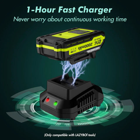 Cordless 21V Leaf Blower With Dual 2.0Ah Batteries And Charger showing fast charging feature and digital graphics