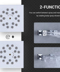 Brass Shower Body Spray Jets Kit With Two Function Massage, side wall mounted, 2x2 inch square sprayer, chrome finish, NPT 1/2 inch.