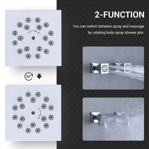 Brass Shower Body Spray Jets Kit With Two Function Massage, side wall mounted, 2x2 inch square sprayer, chrome finish, NPT 1/2 inch.