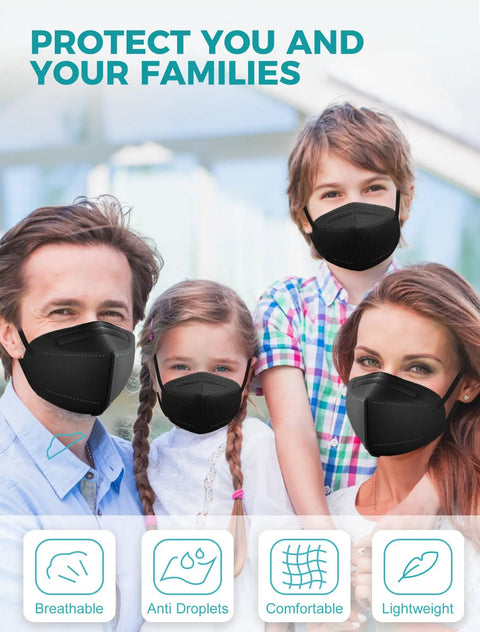 Family wearing KN95 Face Mask Set 50 Pack, 5 Ply Breathable Disposable Masks With Over 95 Percent Filtration, Protective Cup Design