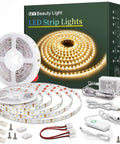 65.6ft Warm White LED Strip Lights Kit With Dimmable 24V Power Supply, Flexible Rope Lights, Adhesive Clips, Dimmer Switch in packaging