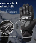 Waterproof Thermal Ski Gloves With 3M Thinsulate Insulation For Snowboarding Cycling And Mountaineering Non Slip Grip 10 Finger Touchscreen All Weather Warmth For Real Black Medium showing wear-resistant anti-slip silicone grip close-up.