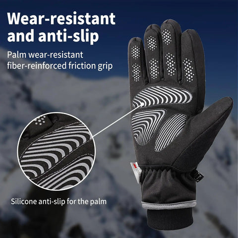 Waterproof Thermal Ski Gloves With 3M Thinsulate Insulation For Snowboarding Cycling And Mountaineering Non Slip Grip 10 Finger Touchscreen All Weather Warmth For Real Black Medium showing wear-resistant anti-slip silicone grip close-up.