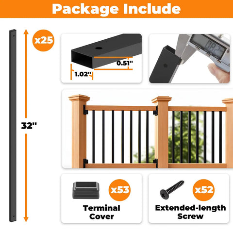 Package contents of 25 Pack 32 Inch Black Metal Deck Balusters Rectangular Spindles For Porch Railing And Stair Railings Side Mount Kit With Hardware For Replacement And DIY Deck Installation featuring dimensions, terminal covers, and screws.