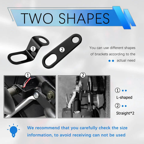 Two shapes of 4 Piece Motorcycle Turn Signal Bracket Set L Shape Or Straight Mounts with 10mm and 12mm holes for rear signals