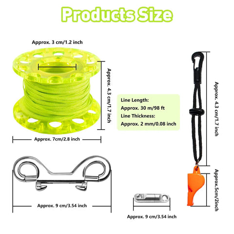 Five-Foot Scuba Surface Marker Buoy With Safety Sausage, 98-Foot Finger Spool Reel, clip, and whistle dimensions diagram