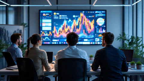 Group of professionals in a meeting room viewing data analysis on a large screen, showcasing Heavy Duty 12 Feet TV Power Cord Featuring 2 Prong C7 Design Hits Different For Smart Television Delivering Sick Reliability And Zero Drama For All LED QLED Screens.