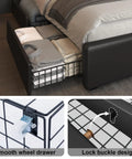 Slick Upholstered Queen Bed Frame With Four Heavy Duty Storage Drawers adjustable faux leather headboard showing drawer organization.