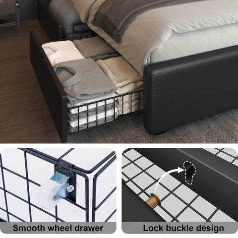 Slick Upholstered Queen Bed Frame With Four Heavy Duty Storage Drawers adjustable faux leather headboard showing drawer organization.