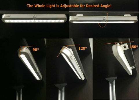 Lit Ultra Bright 20 LED Closet Light Set with adjustable angles, showing 90, 120, and 180-degree positions for better lighting.