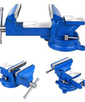 Heavy Duty 5 Inch Vise With 360 Degree Swivel Base And Anvil Clamp, Built Like A Tank, Cast Steel Construction, Table Clamp Woodworking Vice For Drilling, Pipe Cutting, And Woodworking Jobs, Blue shown from three angles